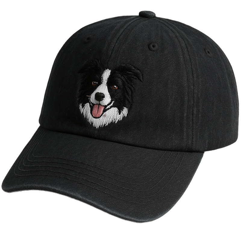 Men's Border Collie Embroidered Black Adjustable Cotton Denim Baseball Cap
