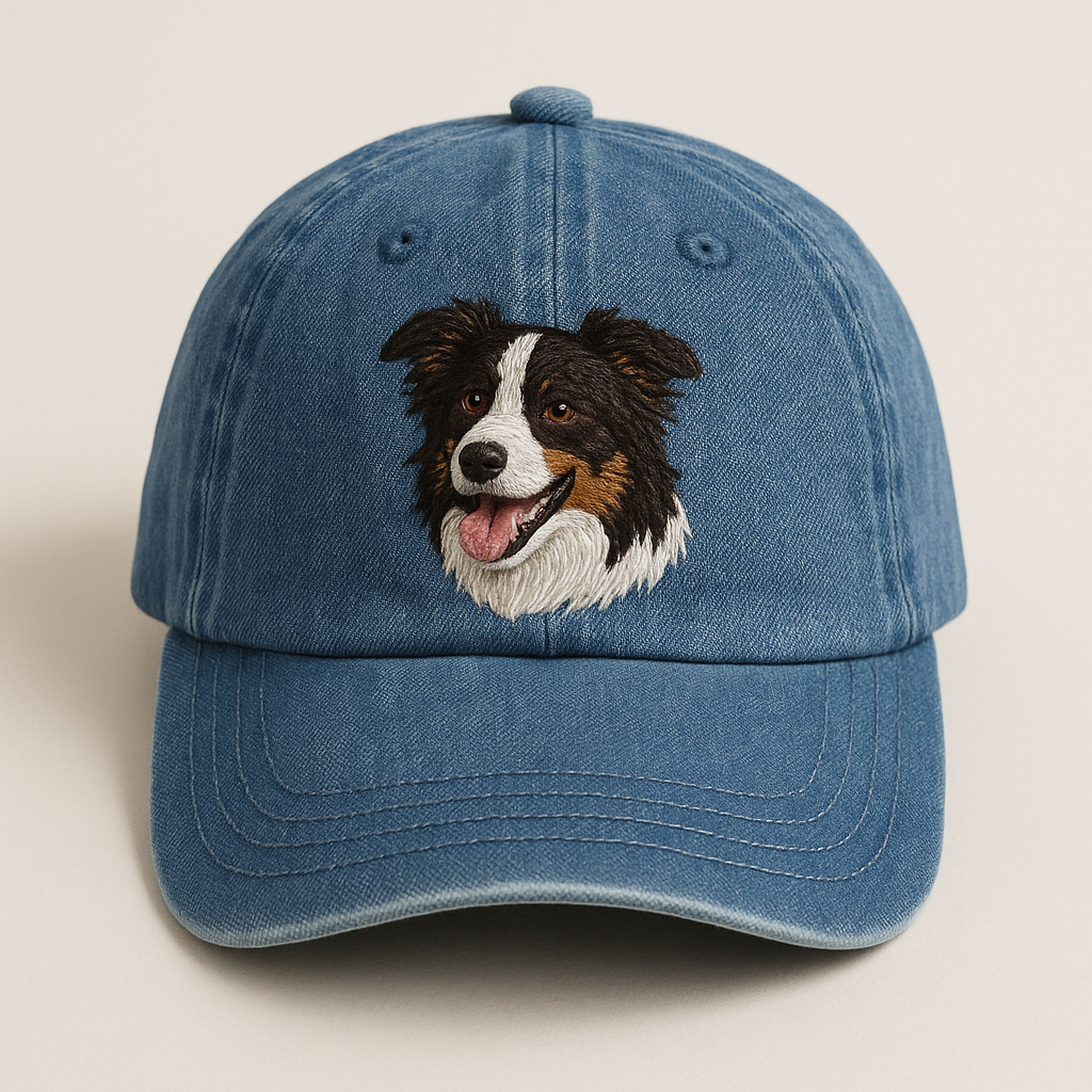 Men's Border Collie Embroidered Gray Adjustable Cotton Denim Baseball Cap