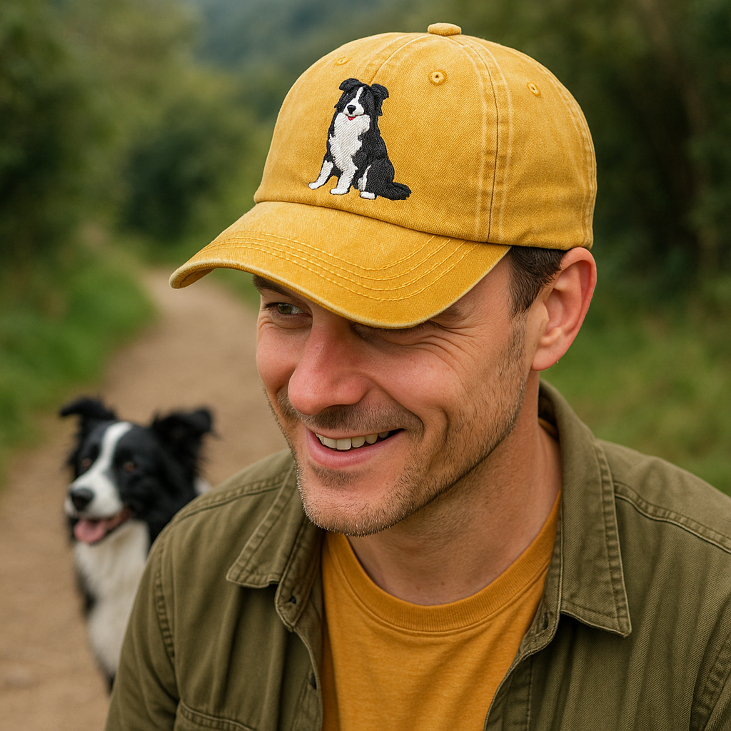 Men's Border Collie Embroidered Gray Adjustable Cotton Denim Baseball Cap