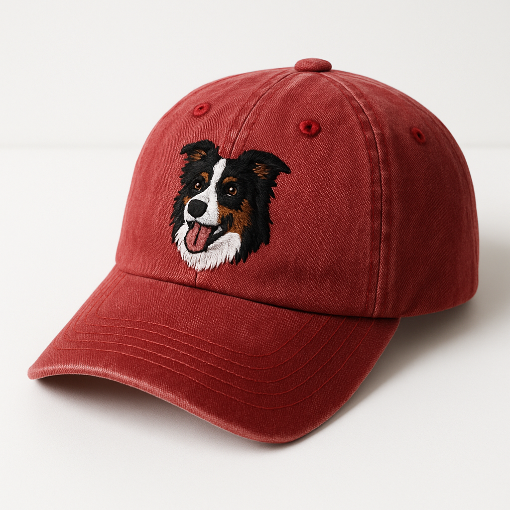Red Cotton Embroidered Border Collie Baseball Cap Adjustable Unisex Casual Outdoor Hat