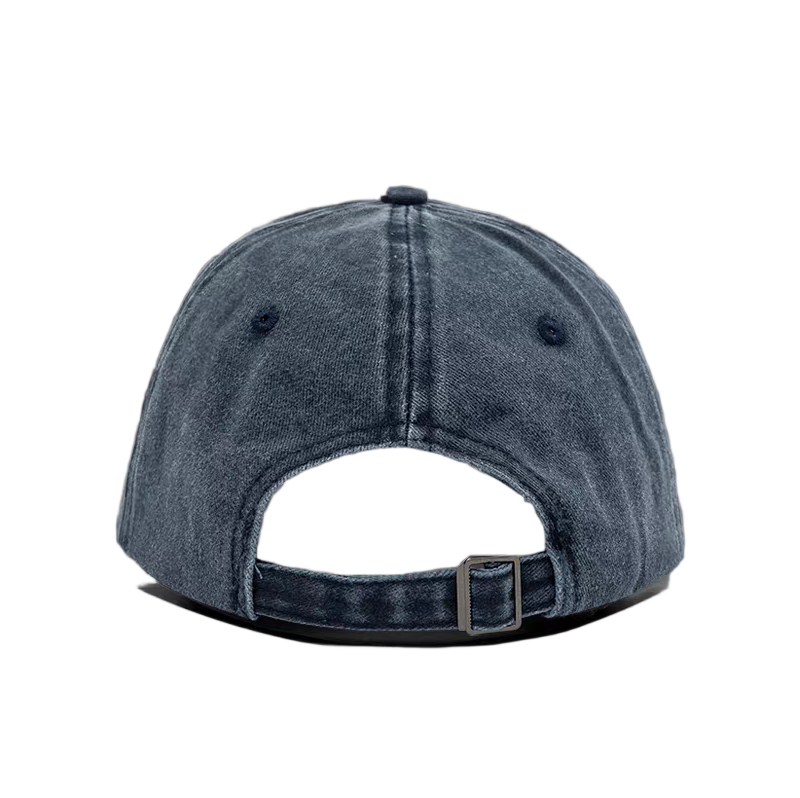 Vintage Washed 6-Panel Denim Baseball Cap with Embroidered Letter Image Adjustable Silver Copper Buckle Closure Unisex Dad Hat