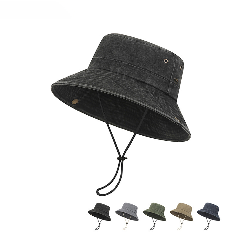 Spring New Style Washed-out Distressed Wide-brimmed Windproof Rope Fishing Hat for Outdoor Sun protection and Fishing
