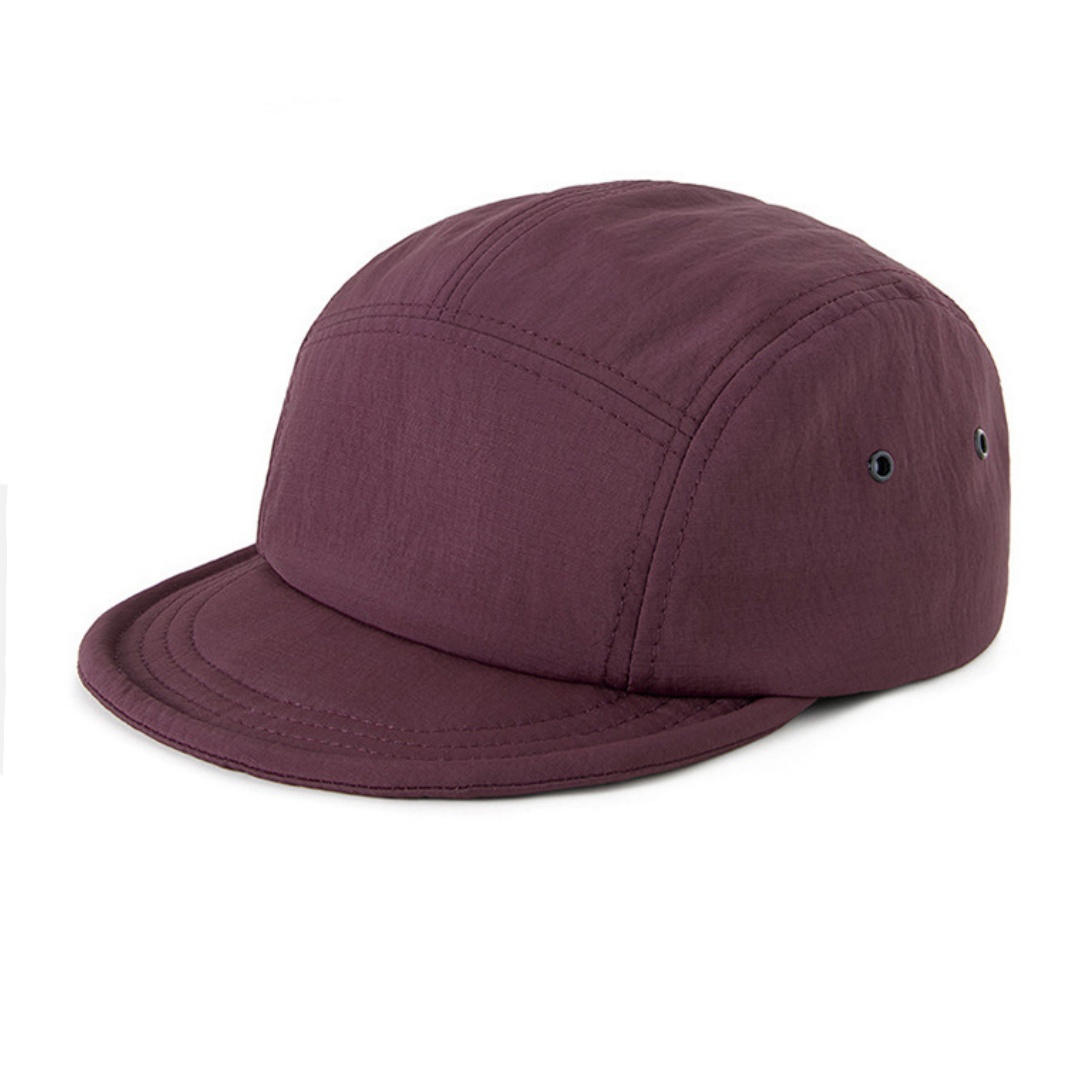 Woven Nylon Back Strap Packable Bill Soft Mesh Side Panels Custom Unstructured 5 Panel Polyester Camp Running Hat Caps