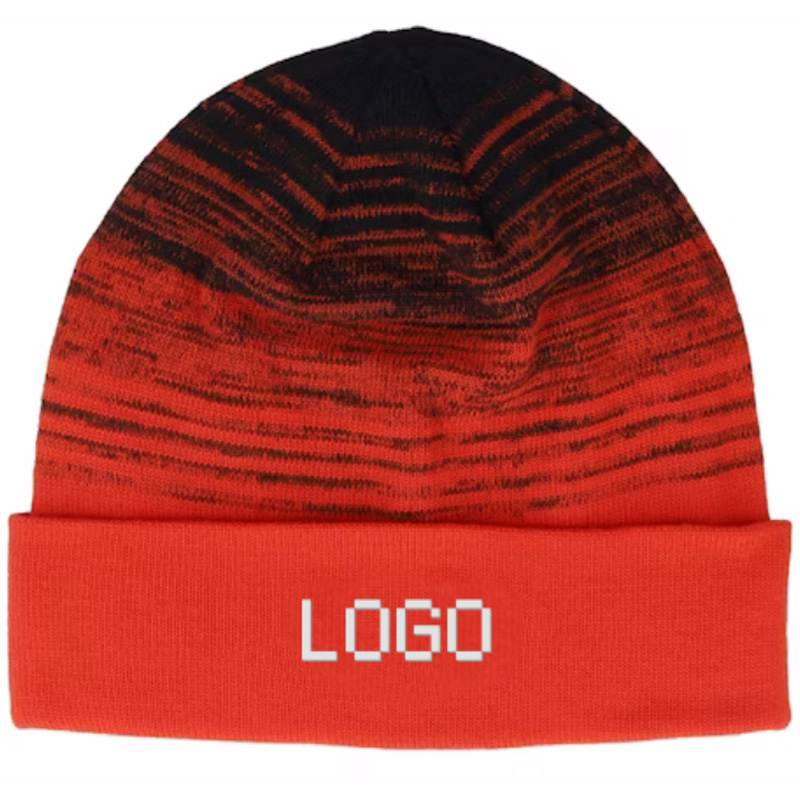 Custom Logo Winter Warm Knit Skull Cap Gradient Black Fiery Red Beanie with Soft Cuff Fashionable for Women Men for Beach Scene