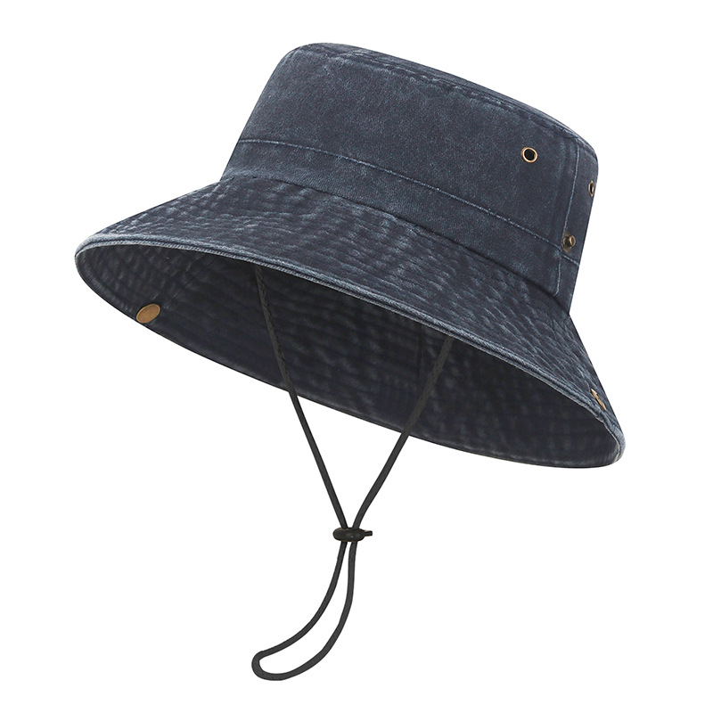Spring New Style Washed-out Distressed Wide-brimmed Windproof Rope Fishing Hat for Outdoor Sun protection and Fishing