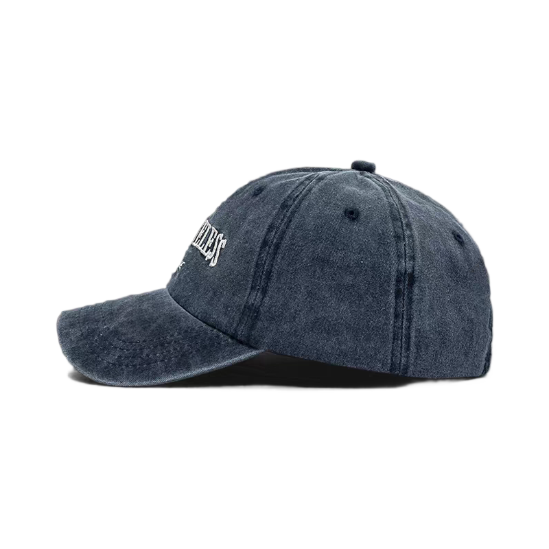 Vintage Washed 6-Panel Denim Baseball Cap with Embroidered Letter Image Adjustable Silver Copper Buckle Closure Unisex Dad Hat