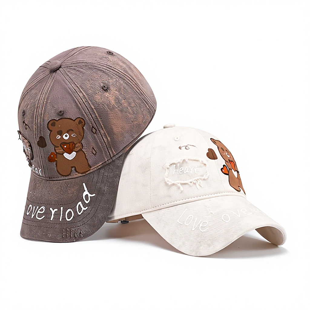 New 3D Painted Letter Teddy Bear Baseball Cap - All-season Water-washed Style