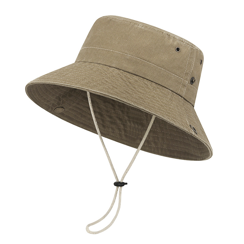Spring New Style Washed-out Distressed Wide-brimmed Windproof Rope Fishing Hat for Outdoor Sun protection and Fishing