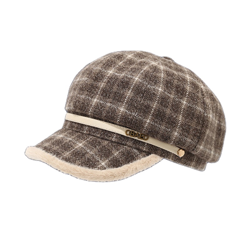Customized High-quality Letter-patterned Checked Plush Beret. Women's Fall and Winter Warm Octagonal Hat. Fashionable Hat