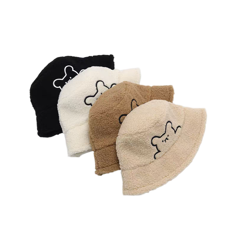Autumn Winter Terry Fleece Teddy Bear Embroidery Bucket Hat Cute Casual Unisex Warm Outdoor Travel Hat