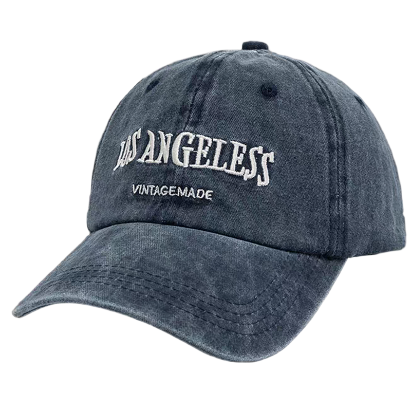 Vintage Washed 6-Panel Denim Baseball Cap with Embroidered Letter Image Adjustable Silver Copper Buckle Closure Unisex Dad Hat