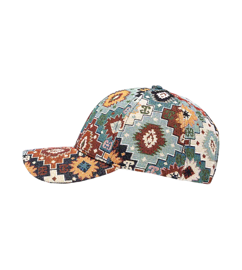 6-Panel Cotton Vintage Bohemian Tapestry Baseball Cap Silver Copper Buckle Adjustable Curved Image Print Casual Fashion