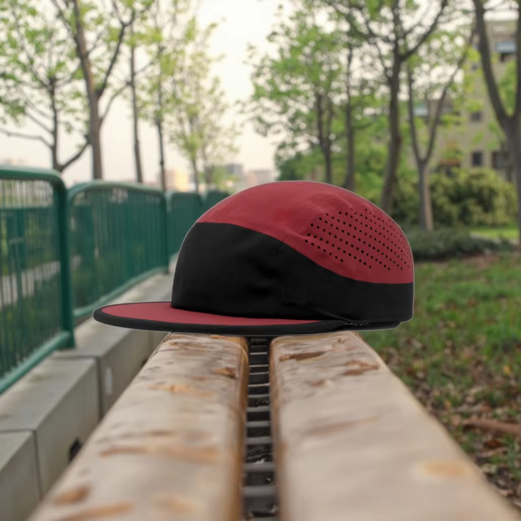 Custom Sporty Style Flat Brim Snap Back Hat 100% Polyester Quick Dry Laser Cut Hole Fashionable Outdoor Travel Cap