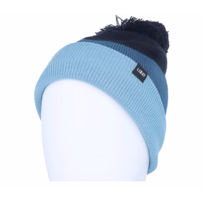 Colorblock Classic Beanie With Pom Warm Knit Skull Cap Soft Cuff Beanie Custom Embroidery Logo Daily Winter Hats for Women Men