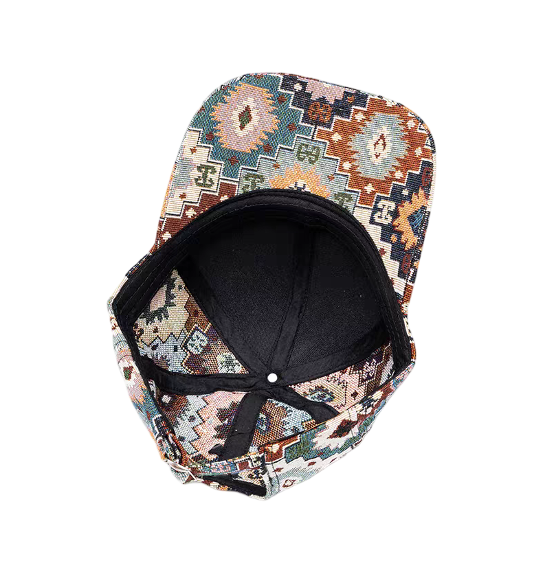 6-Panel Cotton Vintage Bohemian Tapestry Baseball Cap Silver Copper Buckle Adjustable Curved Image Print Casual Fashion