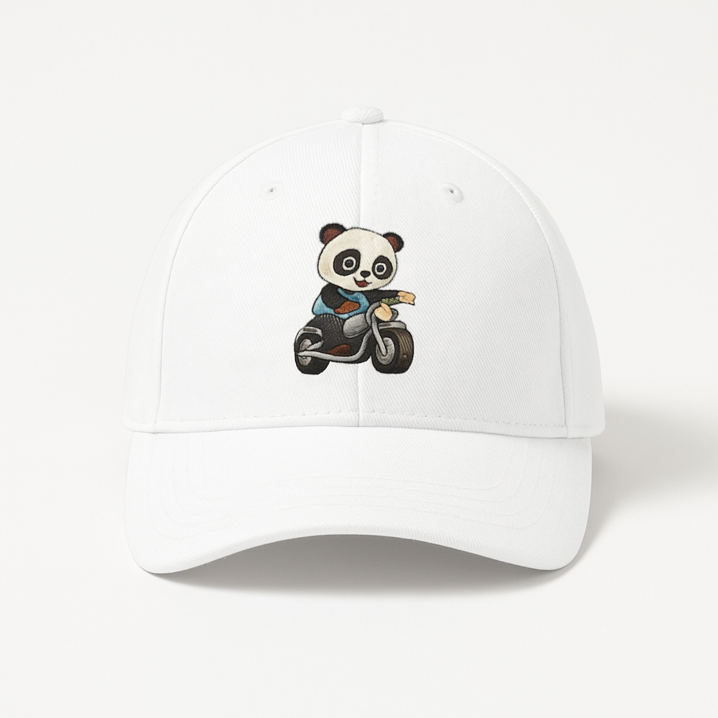 Cute Panda Motorcycle Embroidered White Cotton Baseball Cap – Adjustable Women’s Denim Hat