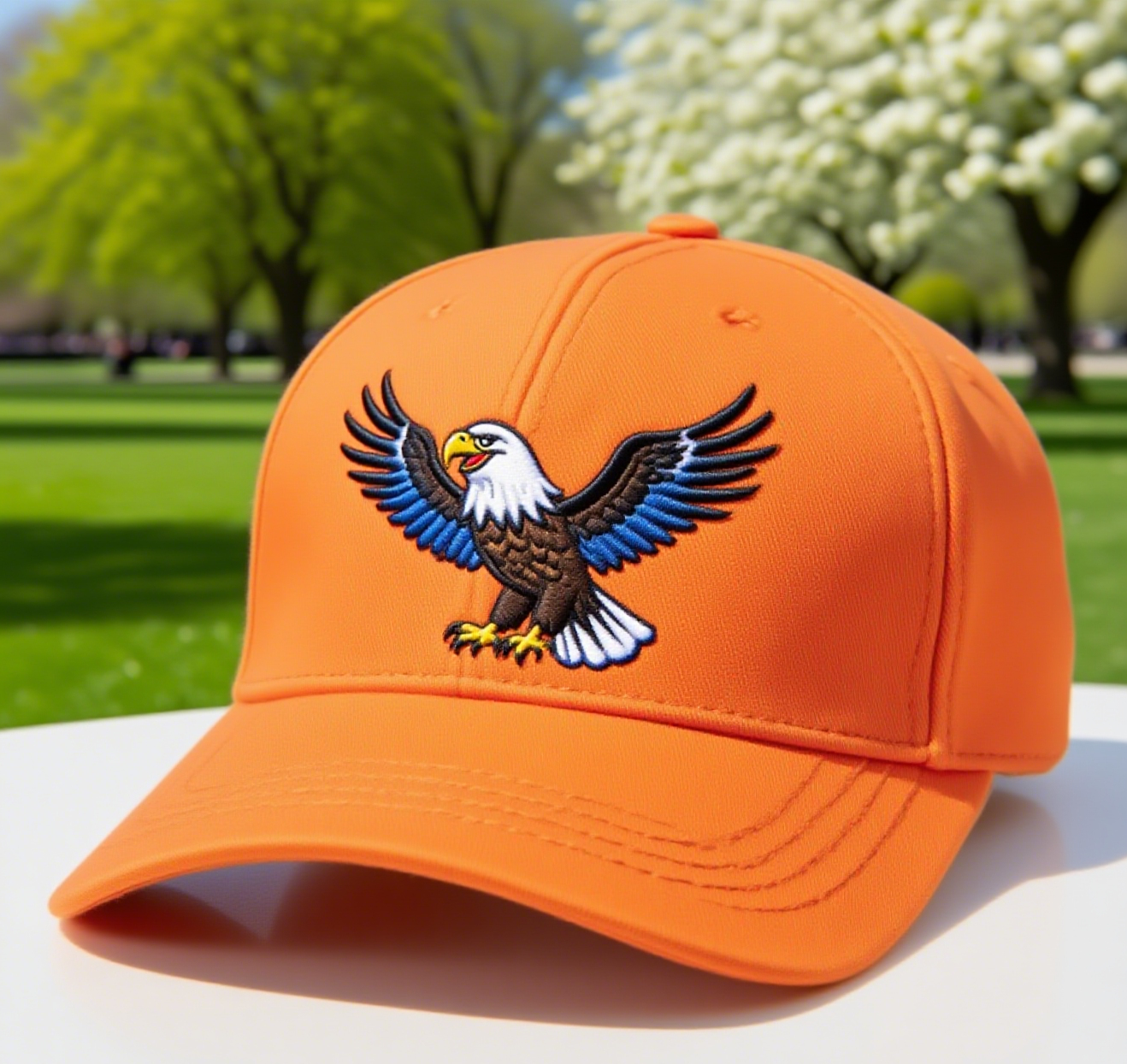 Women’s Orange Cotton Denim Baseball Cap with Eagle Embroidery, Adjustable Curved Brim