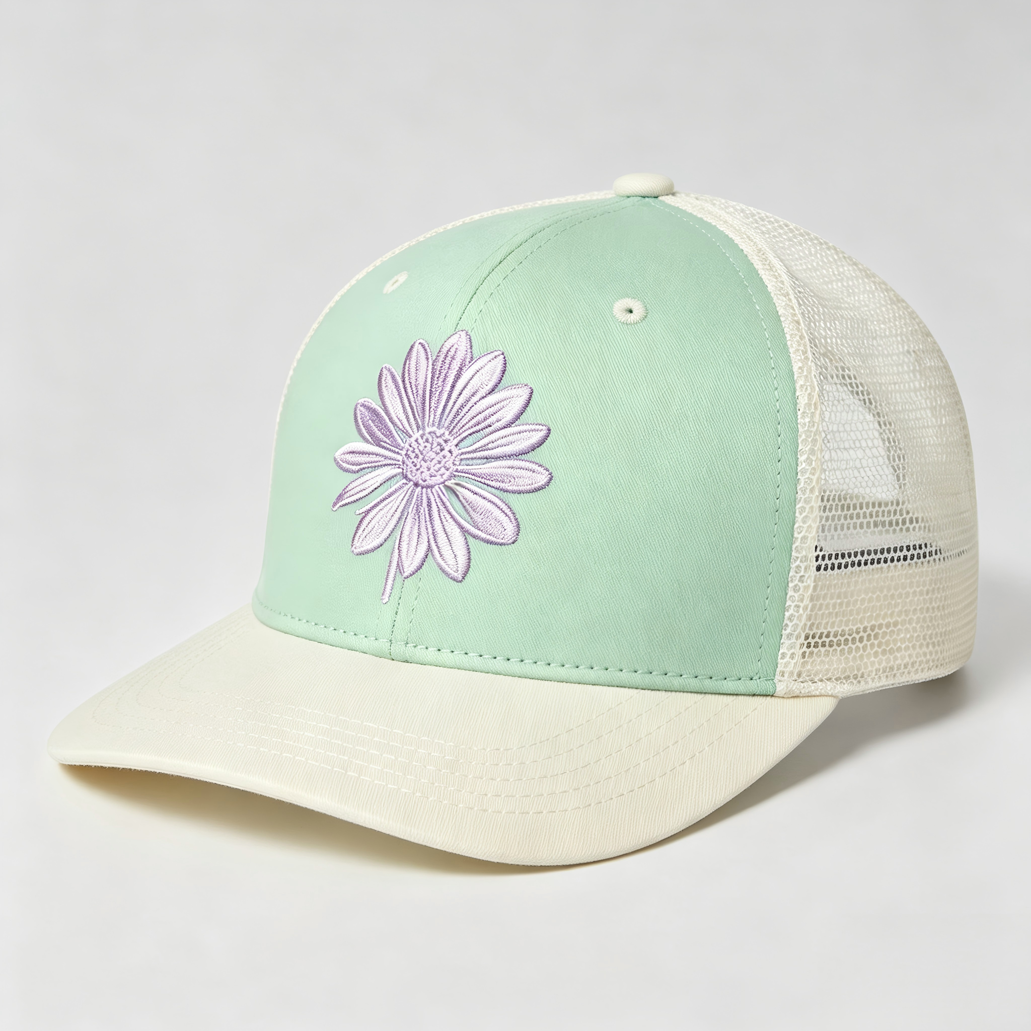 Wholesale Custom Color Block Mesh Trucker Hat Soft Purple Flower Embroidery Fashion Breathable Outdoor  Baseball Cap