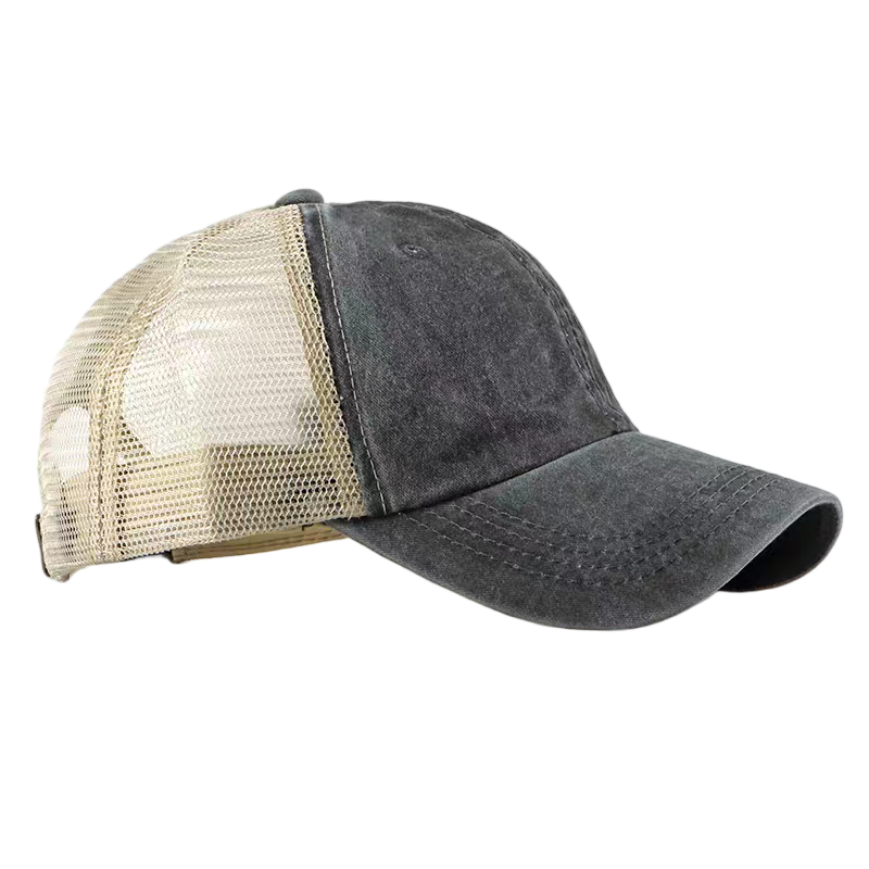 Washed Distressed Mesh 6-Panel Trucker Cap Breathable Adjustable Unisex Retro Dad Hat with Eyelet Ventilation for Sports & Beach