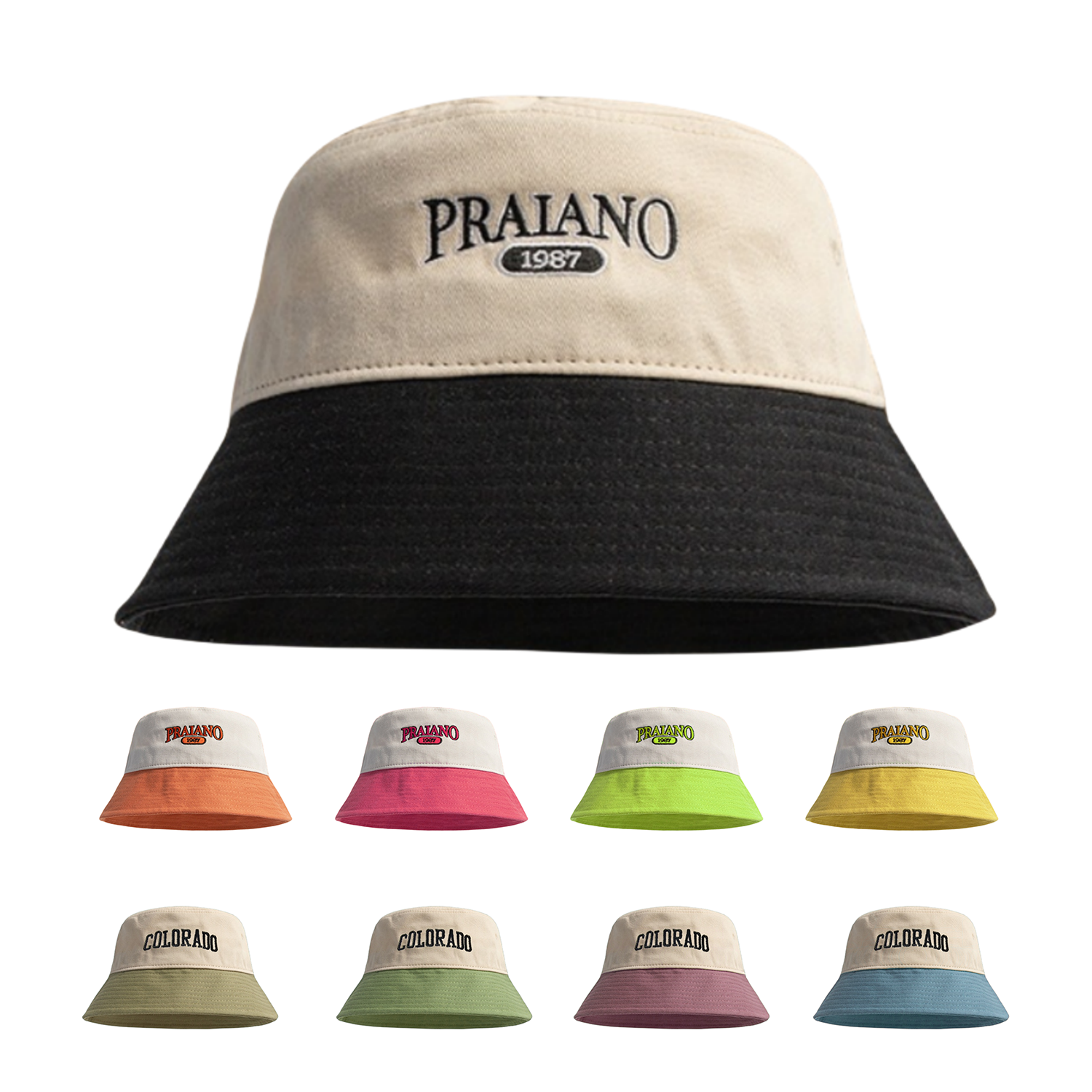 Custom Patchwork Color Double Tone 100% Cotton Embroidery logo Wide Brim Sunshade Beach Bucket Hat for Women
