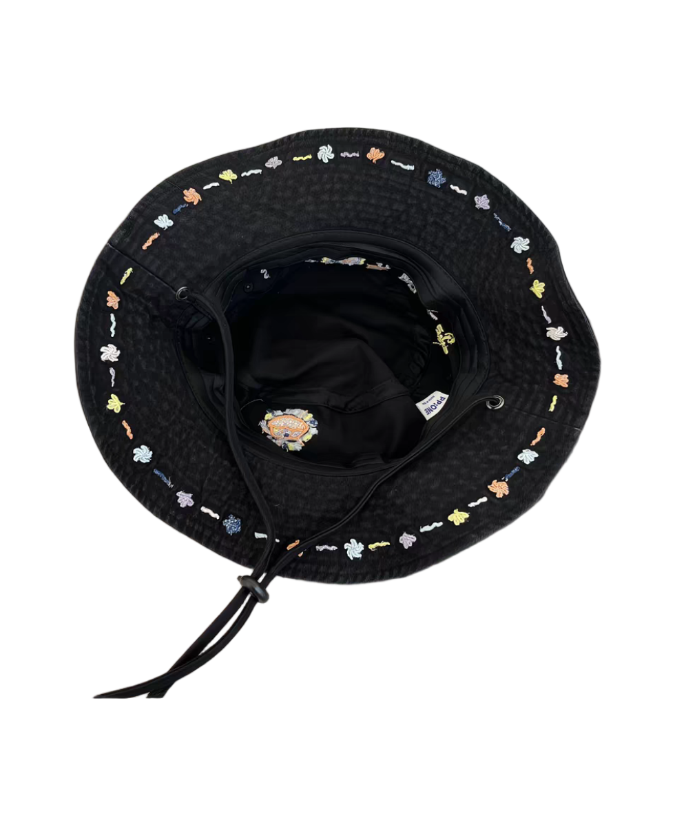 Black 3D Embroidered Denim Bucket Hat Outdoor Sun Hat with Chin Strap for Men and Women