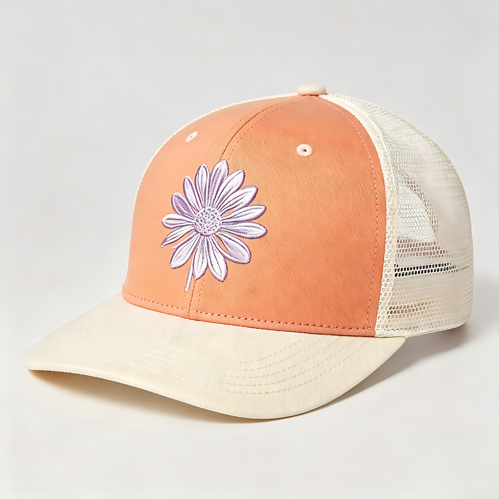Wholesale Custom Color Block Mesh Trucker Hat Soft Purple Flower Embroidery Fashion Breathable Outdoor  Baseball Cap