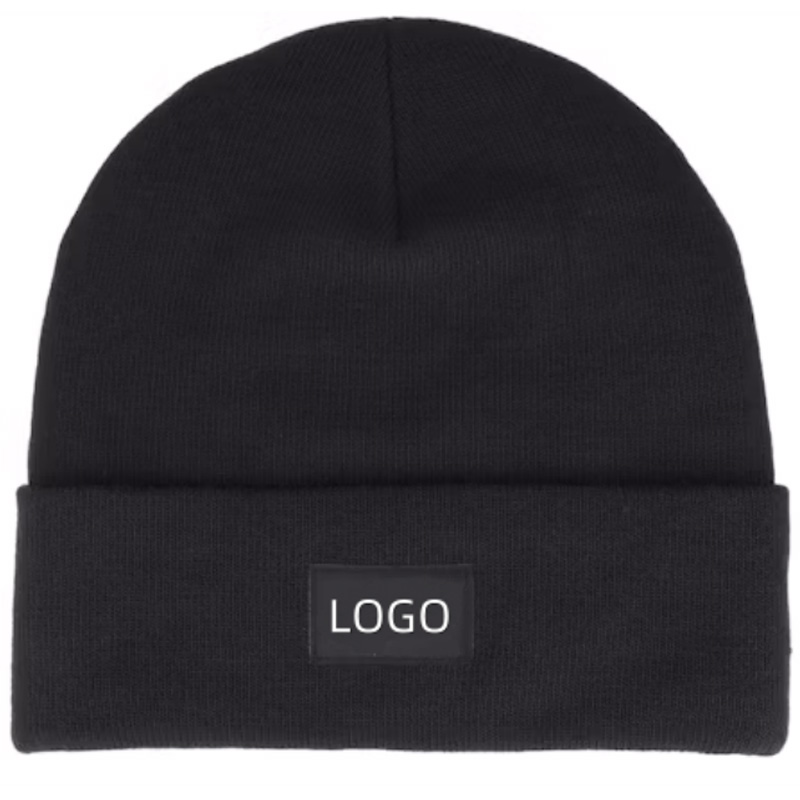 Unisex Soft Stretchy Winter Beanie Hats Classic Tall Black Acrylic Knit Cap Custom Logo