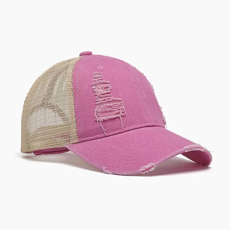 6-Panel Mesh Distressed Trucker Hat-Unisex Adjustable Cotton Casual Fashion Sporty Headwear with 3D Embroidery