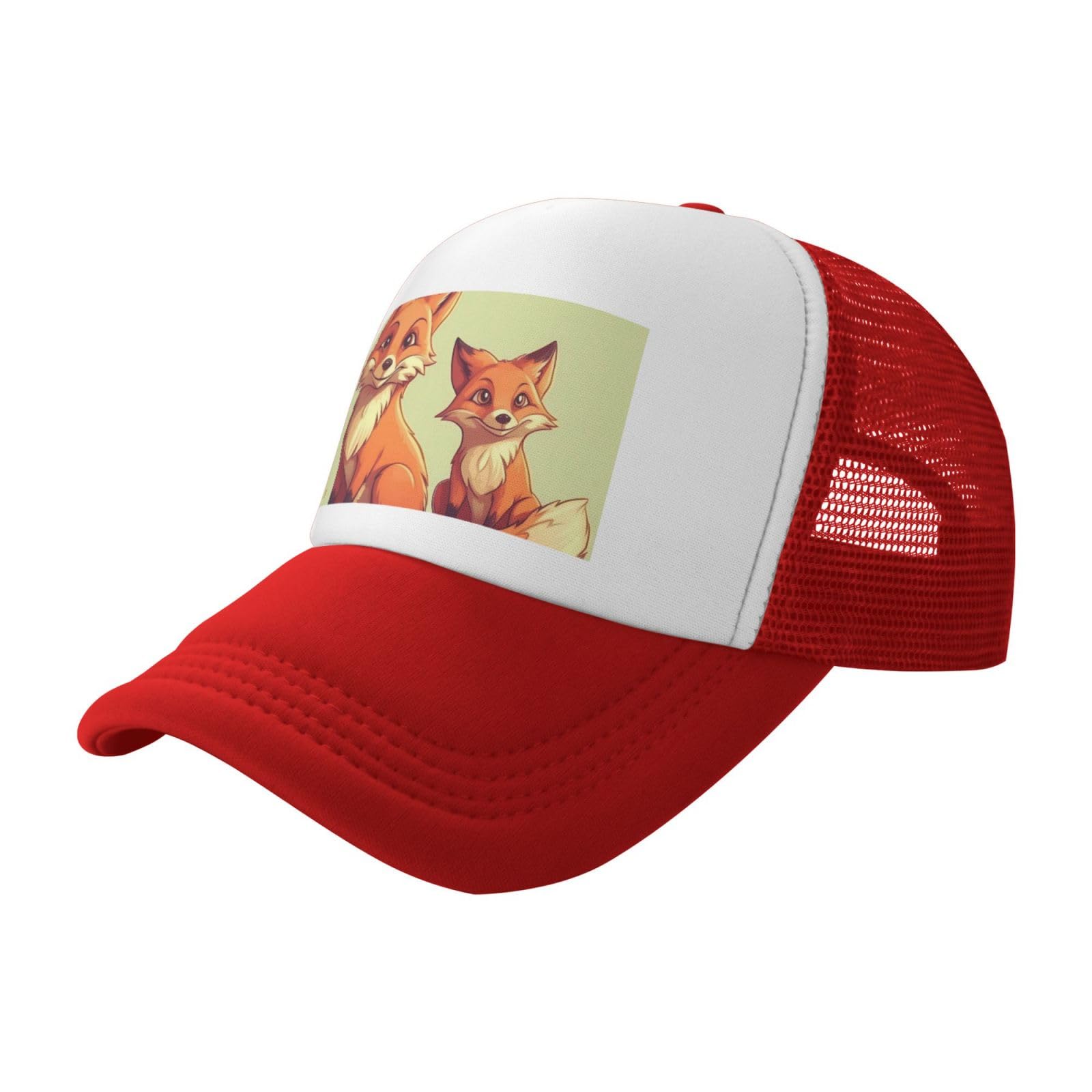 Unisex Adjustable Cowboy Trucker Hat 100% Cotton with Two Cartoon Foxes Design for Fishing & Outdoor Activities