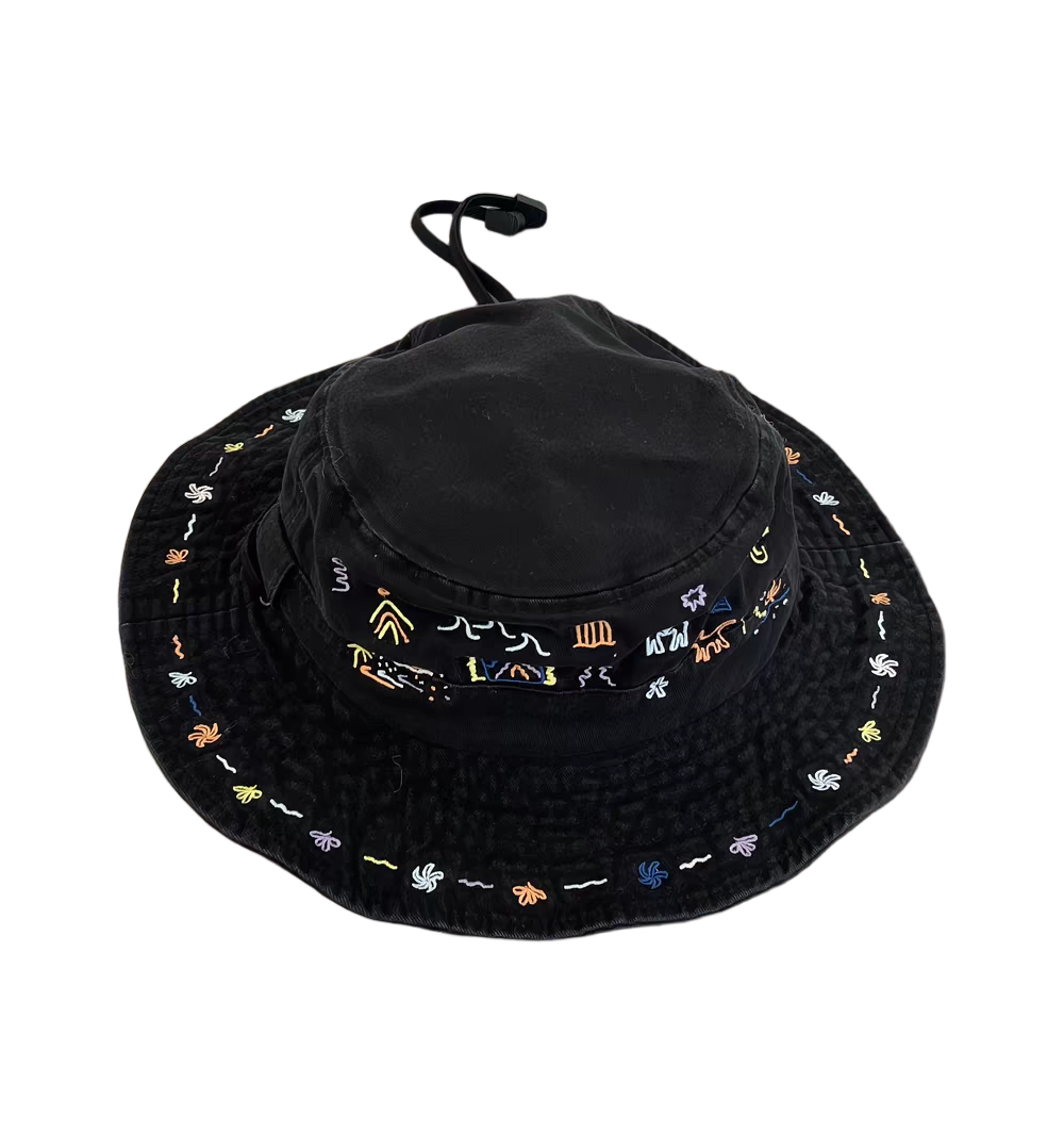 Black 3D Embroidered Denim Bucket Hat Outdoor Sun Hat with Chin Strap for Men and Women