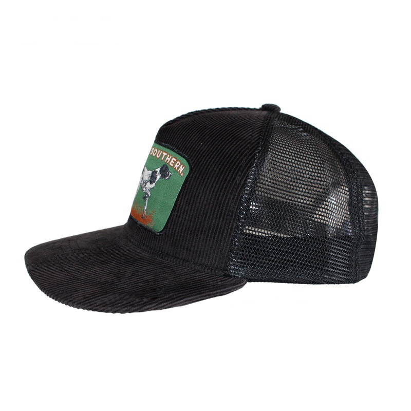 Manufacturer Animal Pattern Patch Flat Brim Snapback Corduroy Trucker Mesh Hat With Custom logo