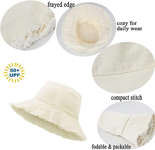 Women's UV Protected Summer Beach Sun Hat Frayed Bucket Design Foldable and Distressed Casual Style