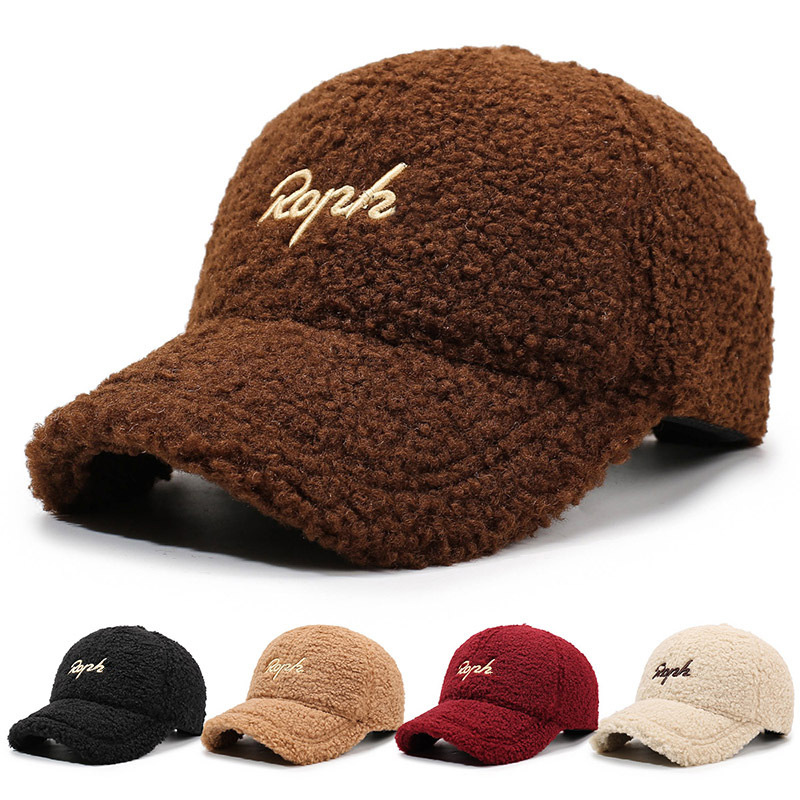 2026 Autumn/Winter New Style Lamb Wool 6-Panel Adjustable Baseball Cap Letter Embroidery Outdoor Warm Protection Women's Sport