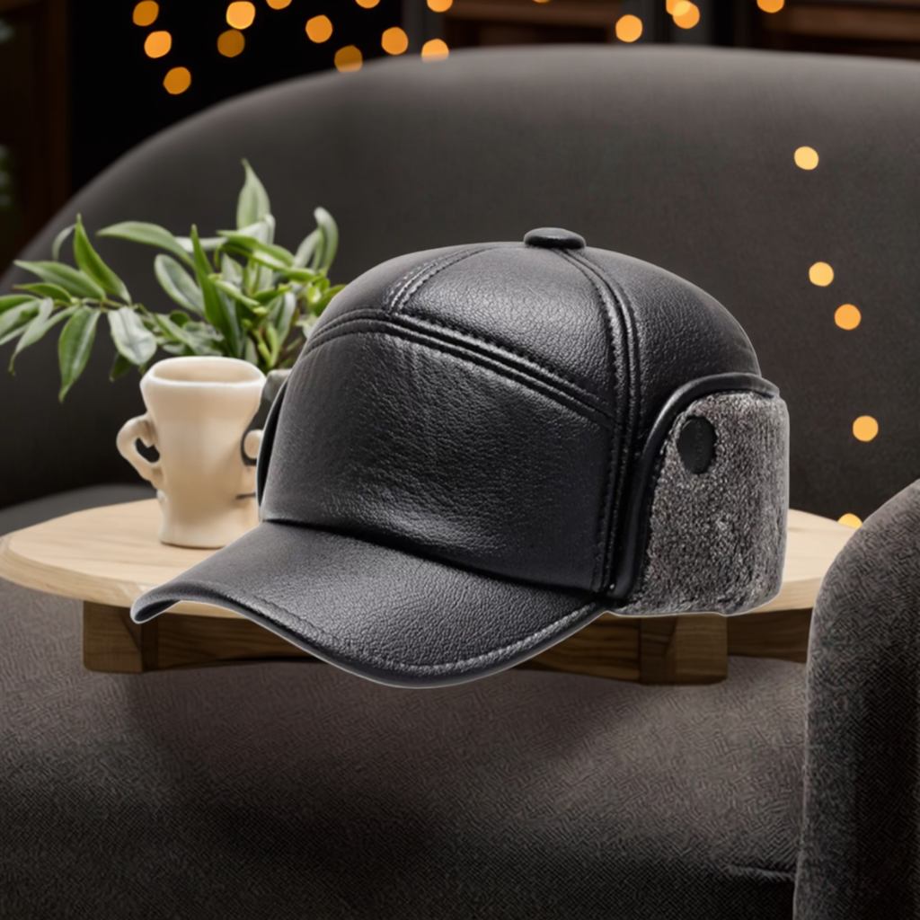 Custom Black Leather Baseball Dad Hat for Men BSCI Certified Winter Warm Vintage Cap with Embossed Logo High Quality Style Image