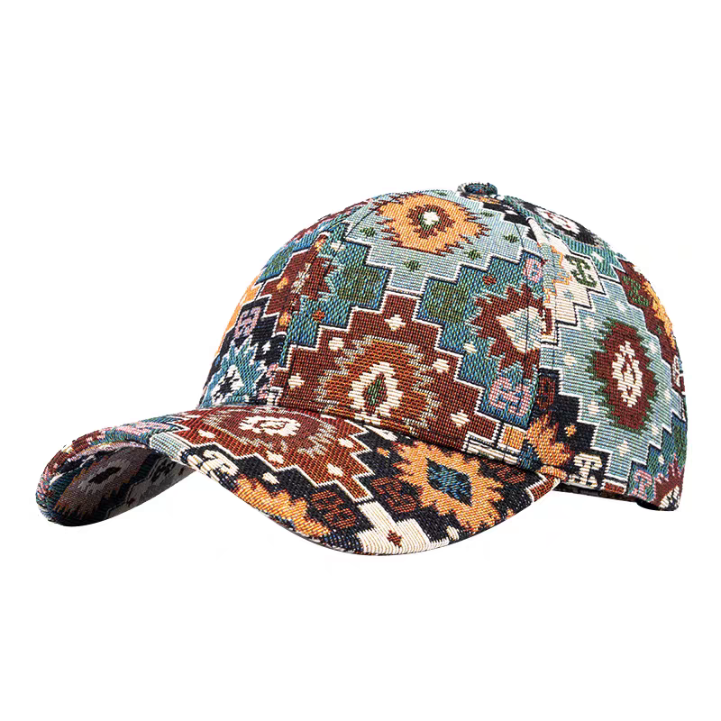 6-Panel Cotton Vintage Bohemian Tapestry Baseball Cap Silver Copper Buckle Adjustable Curved Image Print Casual Fashion
