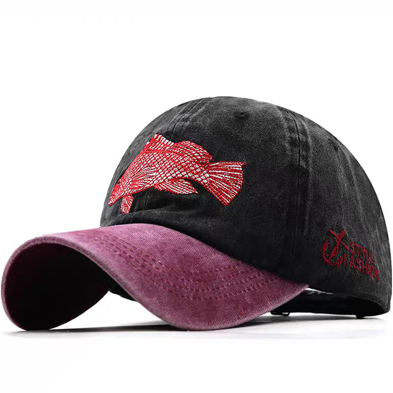 Distressed Washed Twill 6-Panel Color Block Fish Embroidery Vintage Baseball Cap Unisex American Dad Hat Outdoor Fishing Sun Cap
