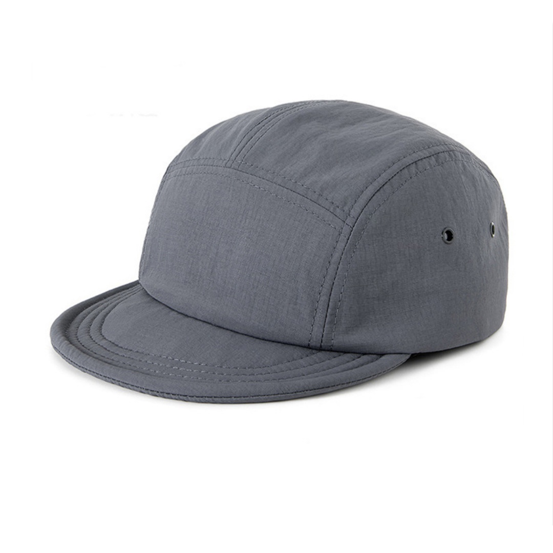 Woven Nylon Back Strap Packable Bill Soft Mesh Side Panels Custom Unstructured 5 Panel Polyester Camp Running Hat Caps