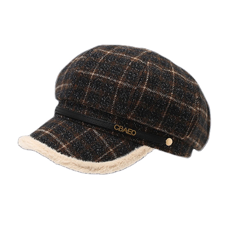 Customized High-quality Letter-patterned Checked Plush Beret. Women's Fall and Winter Warm Octagonal Hat. Fashionable Hat