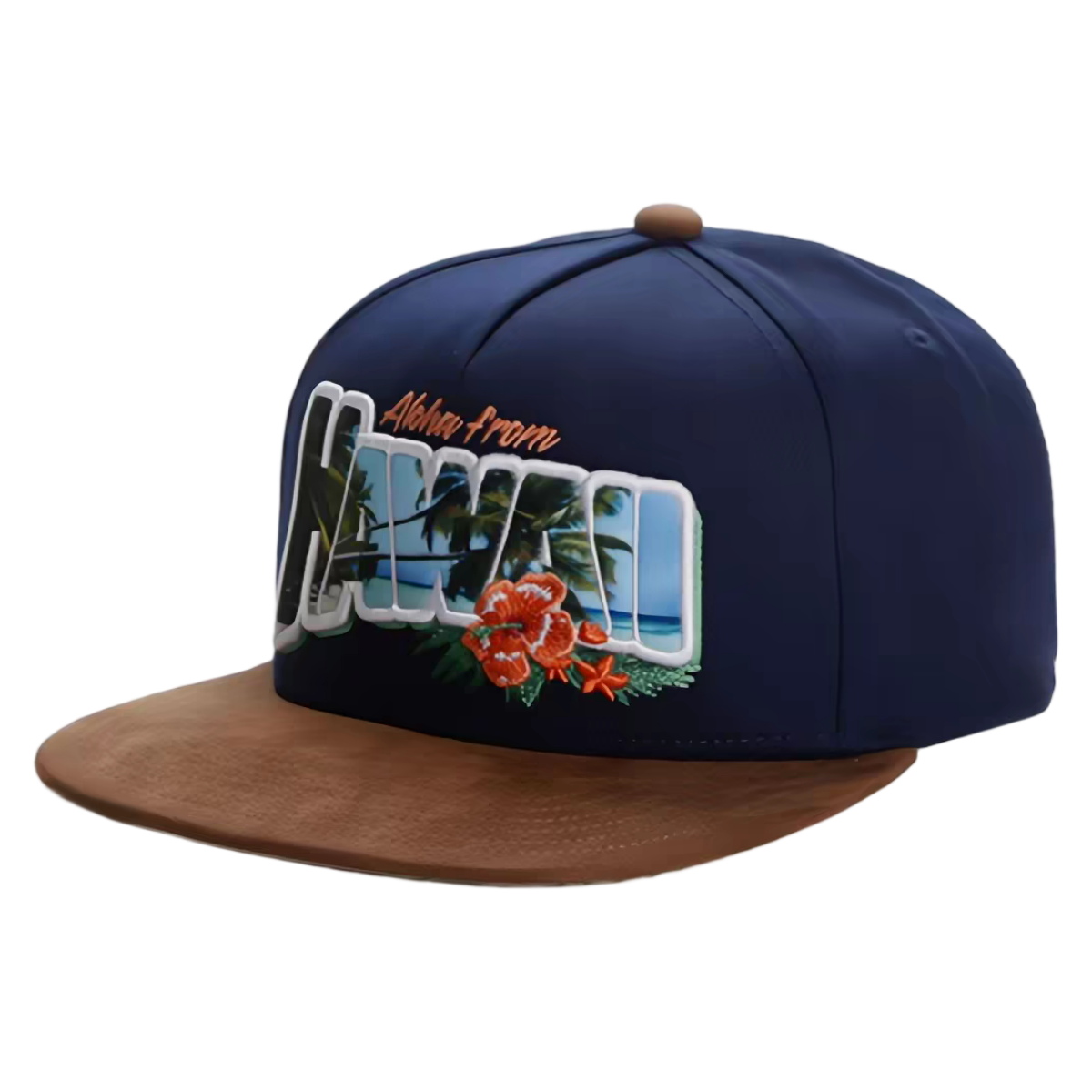 Hawaii 3D Embroidered Suede Flat Brim Snapback Cap Tropical Vacation Adjustable Hat