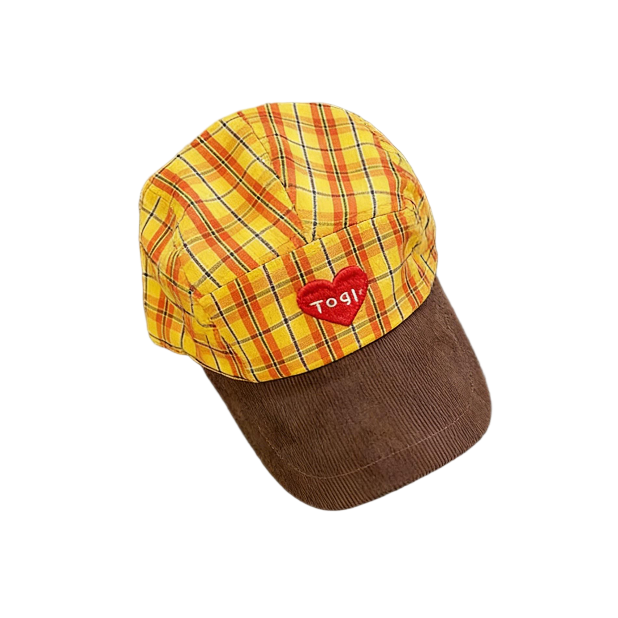 Yellow Plaid Heart Letter Patch Twill Dobby 5-Panel Corduroy Unstructured Unisex Retro Fashion Casual Baseball Cap