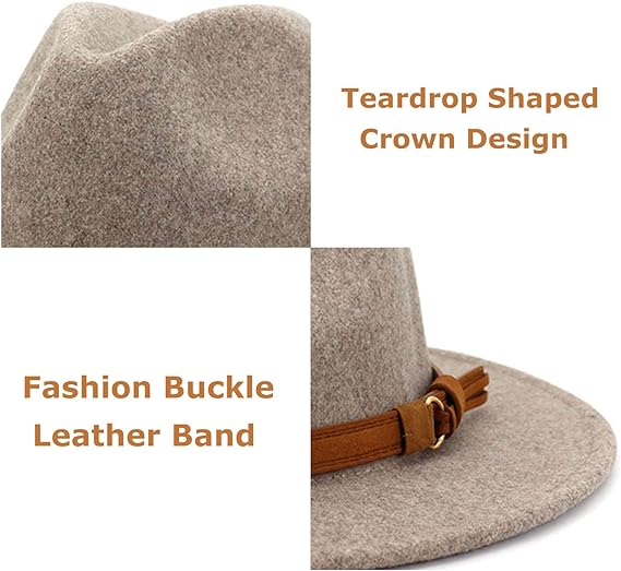 Custom Womens Classic Wide Brim Felt Wool Fedora Panama Hat with Belt Buckle Casual Outdoor