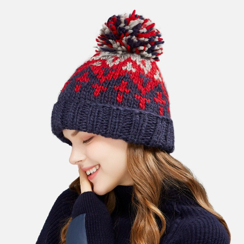 High Quality Winter Jacquard Beanie Hat for Women Knitted Wool Ball Character Pattern Travel Warm Manufacturer