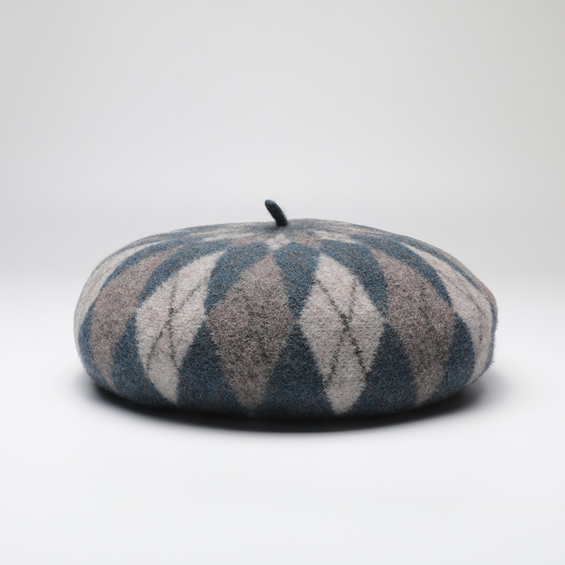 2025 New Contrast Color Wool Beret - Fashionable & Casual Warm Thickened Plaid Painter Hat for Autumn and Winter