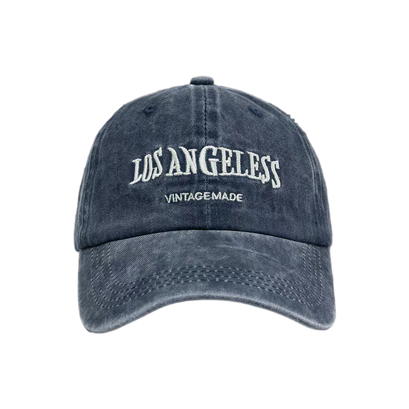 Vintage Washed 6-Panel Denim Baseball Cap with Embroidered Letter Image Adjustable Silver Copper Buckle Closure Unisex Dad Hat