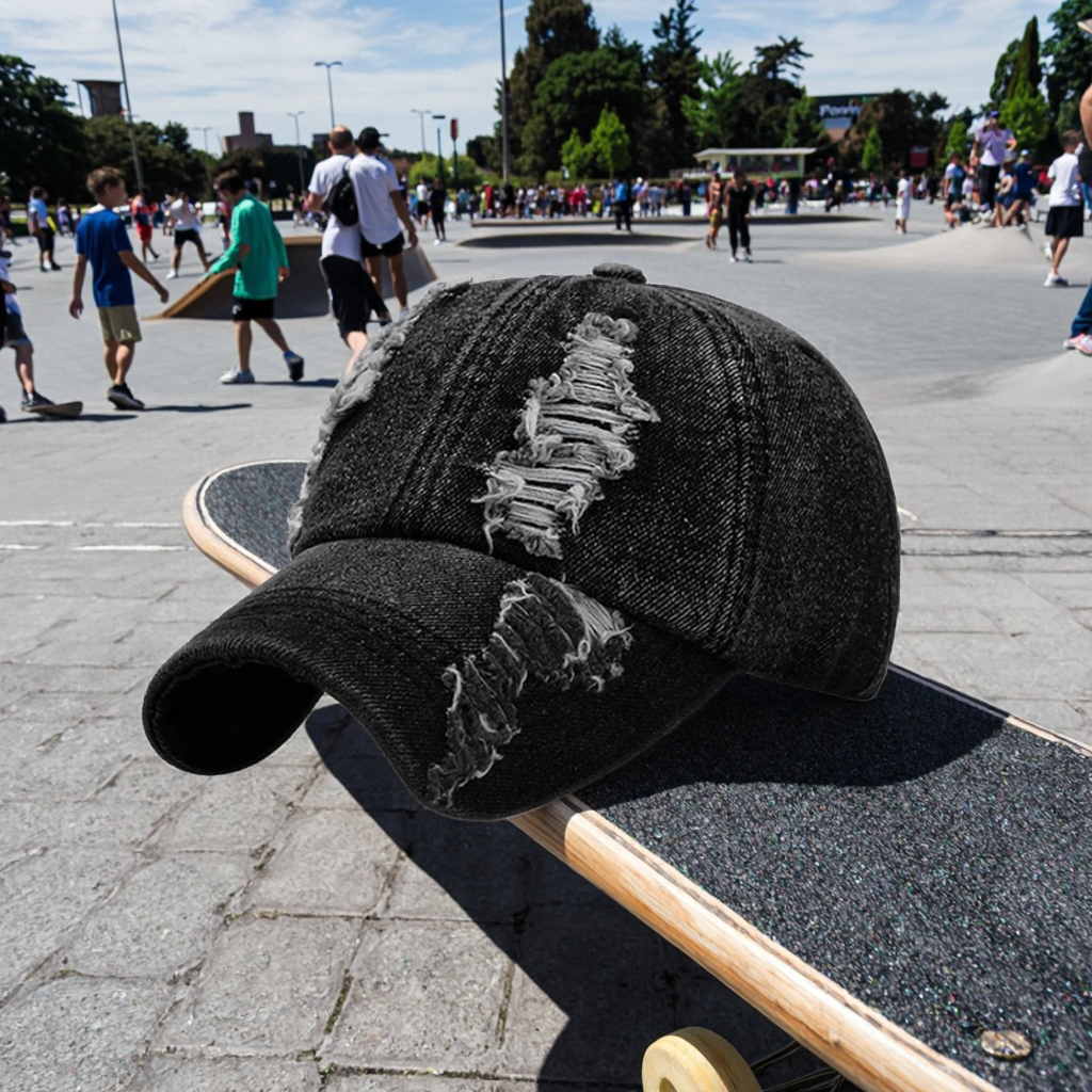Customizable Vintage Washed Cotton Dad Hat Sporty Street Style Ripped Embroidered Logo Baseball Cap Fashion Denim Sport Cap
