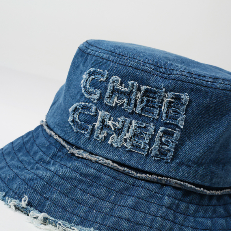 Fashionable Sun-protective Fisherman Hat with Washed-out Fringes of Denim Bucket Hat with a Basin-shaped Crown