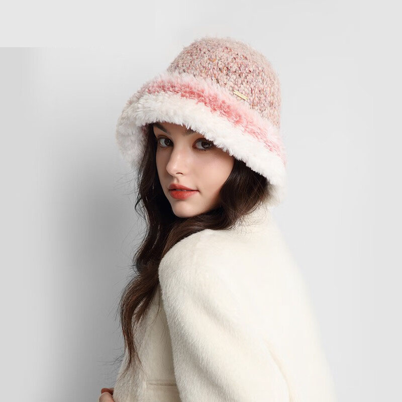 Customized Designer Pink Rainbow Fleece Wool Bucket Hat for Women Warm Winter Knitted Hat with Digital Printed Letter Pattern