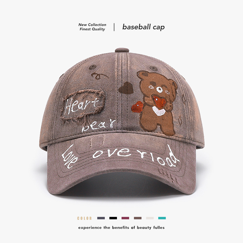 New 3D Painted Letter Teddy Bear Baseball Cap - All-season Water-washed Style