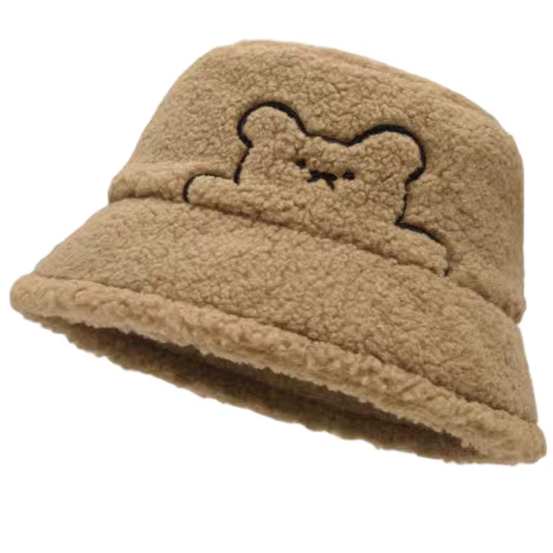 Autumn Winter Terry Fleece Teddy Bear Embroidery Bucket Hat Cute Casual Unisex Warm Outdoor Travel Hat