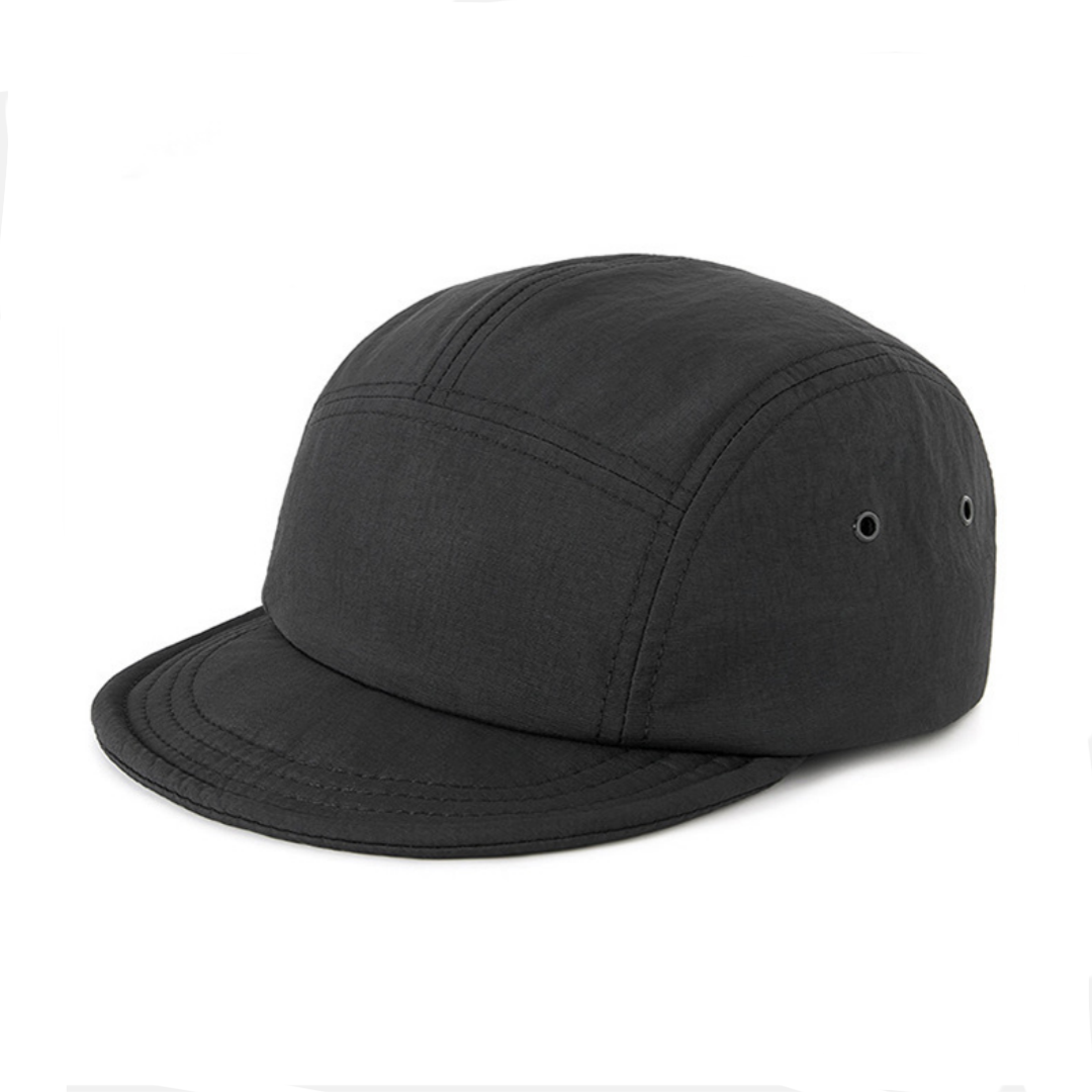 Woven Nylon Back Strap Packable Bill Soft Mesh Side Panels Custom Unstructured 5 Panel Polyester Camp Running Hat Caps